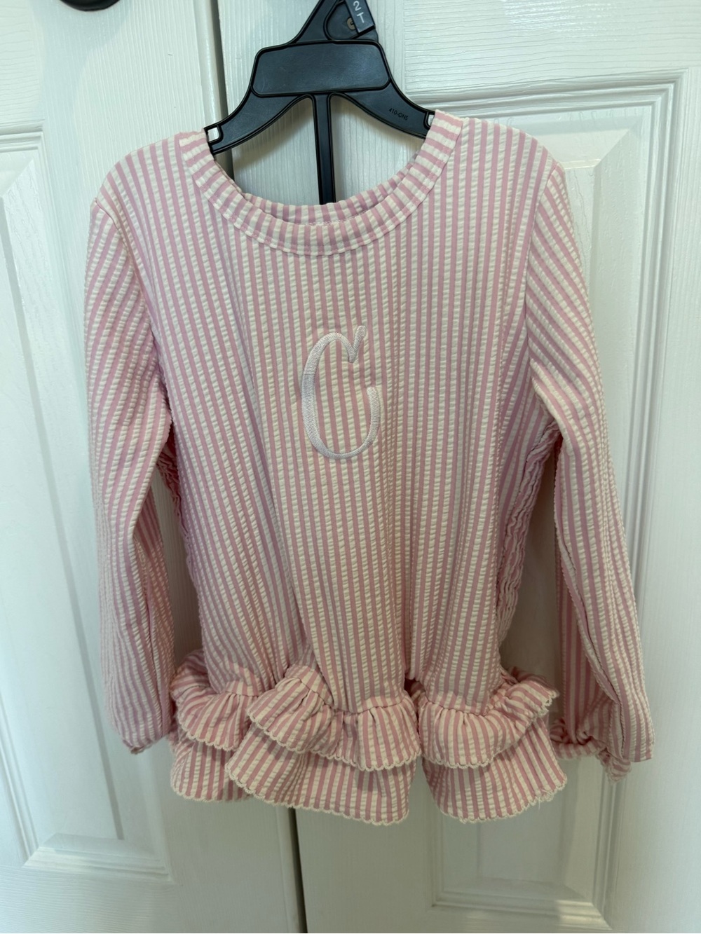 Girls Pink Striped Ruffle-Hem Swim Rashguard with Monogram